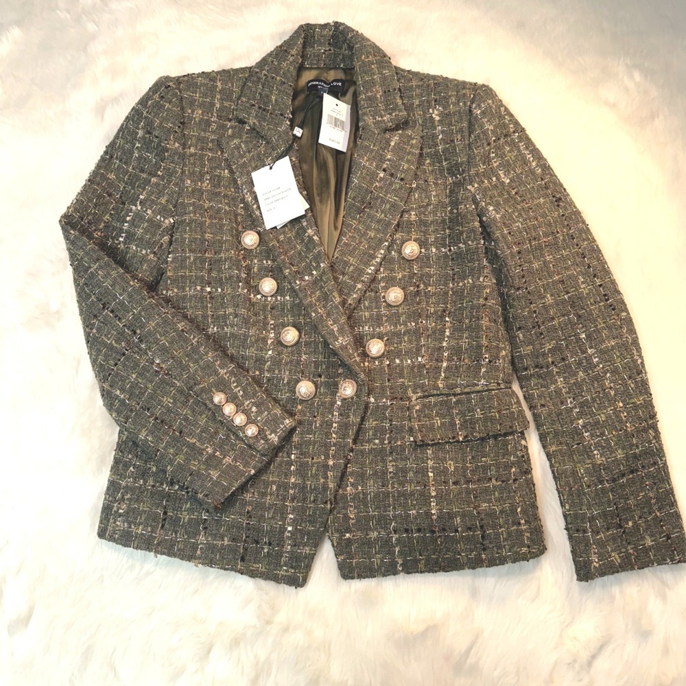 NWT Generation Love Delilah Blazer Womens Size S Army Multi Green Tweed Gold
